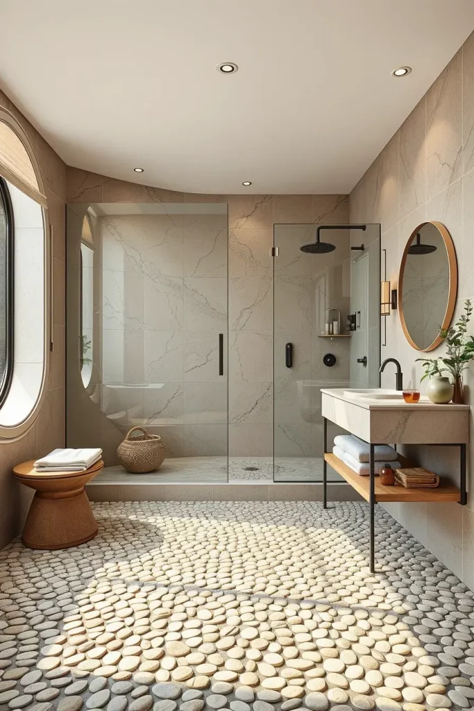 Pebble mosaic shower accent