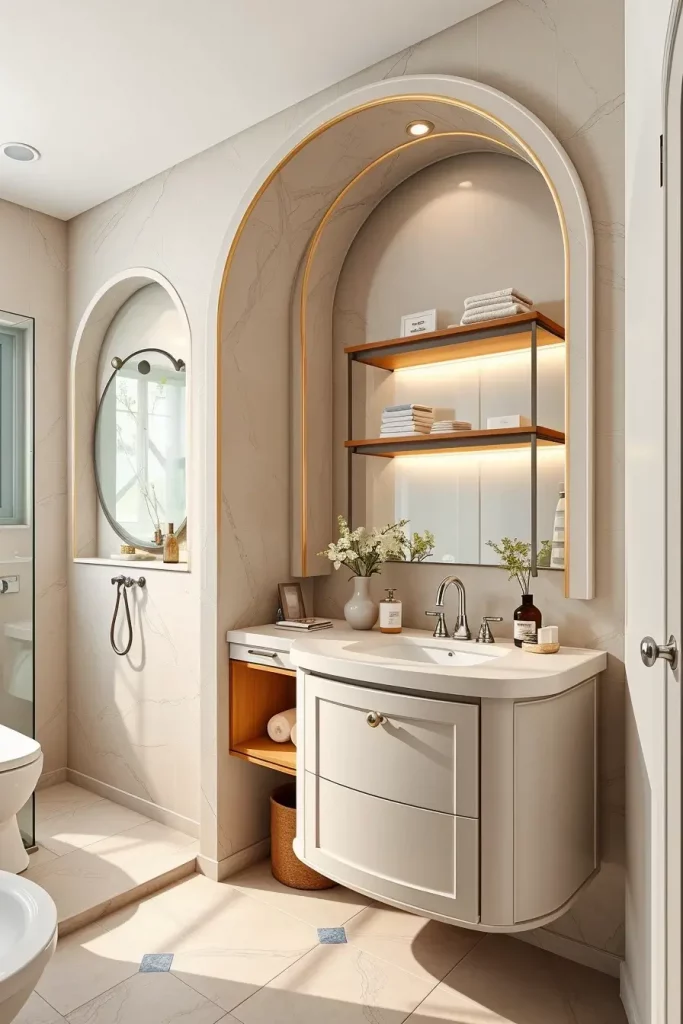 Curved built-in bathroom storage