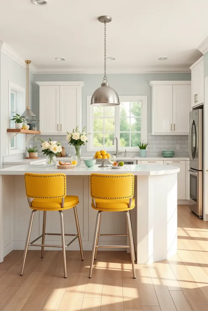Yellow counter stools in kitchen