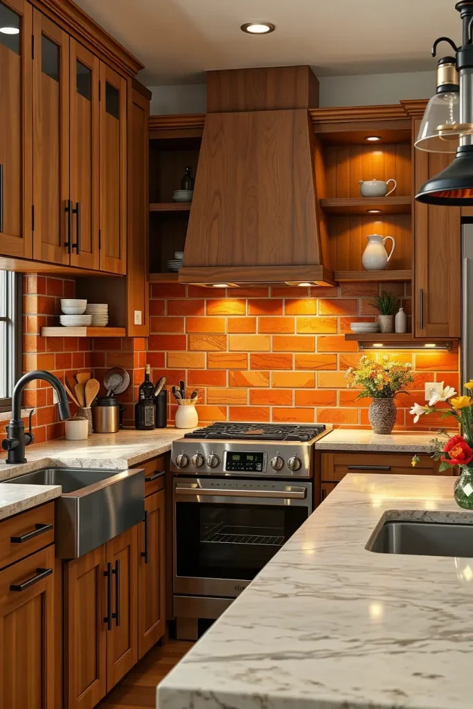 Burnt orange backsplash with LED lighting