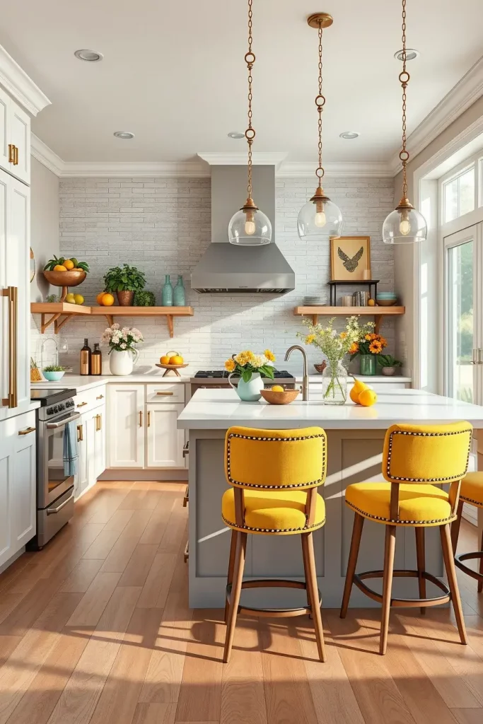 Yellow stools with blue and green accents