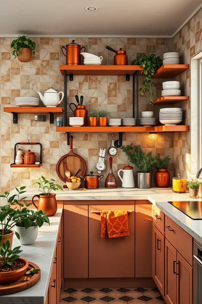 Paprika shelves with copper accents