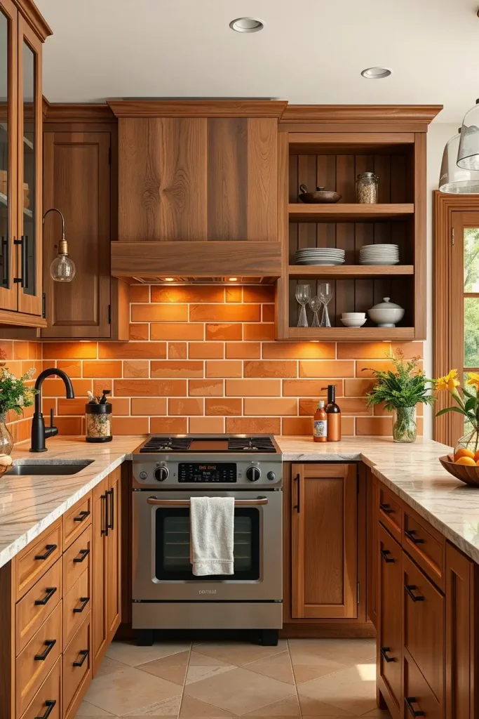 Burnt orange tile backsplash