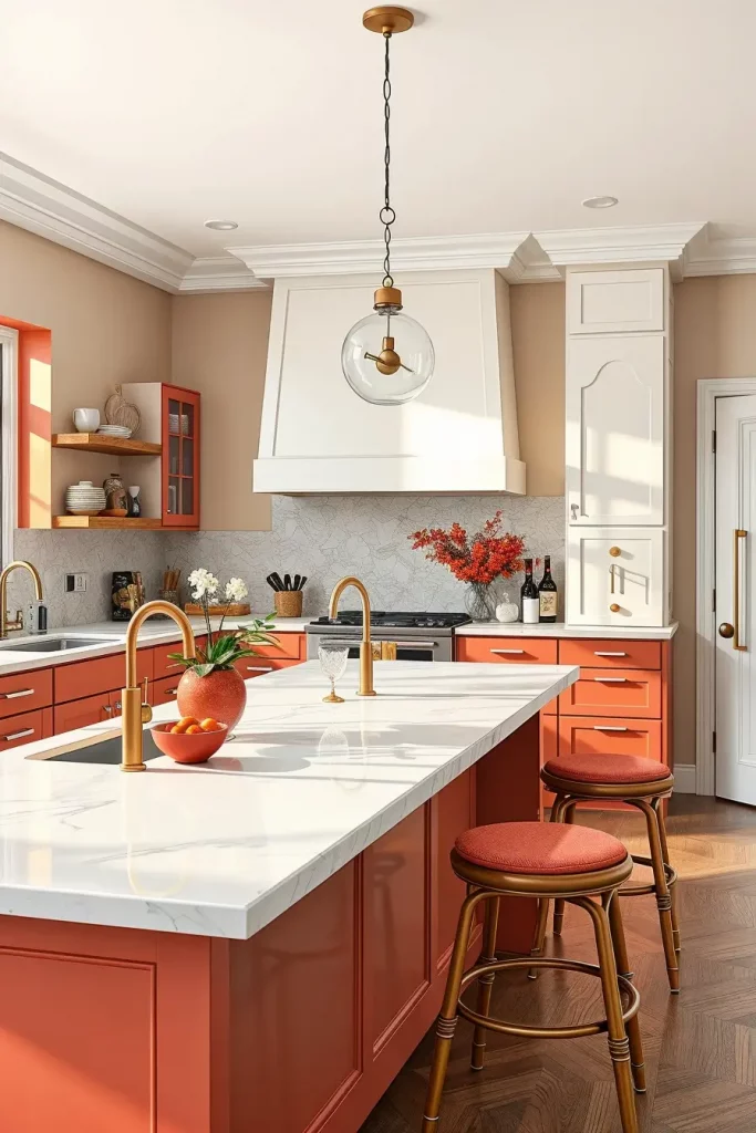 Kitchen island in deep coral