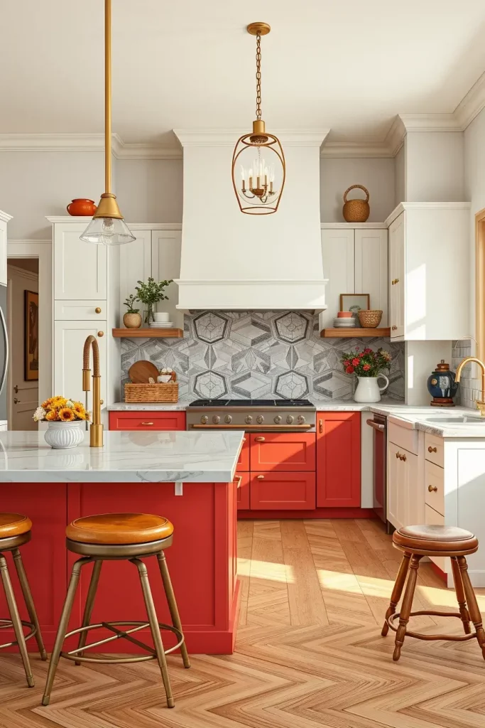 Red kitchen island with brass hardware