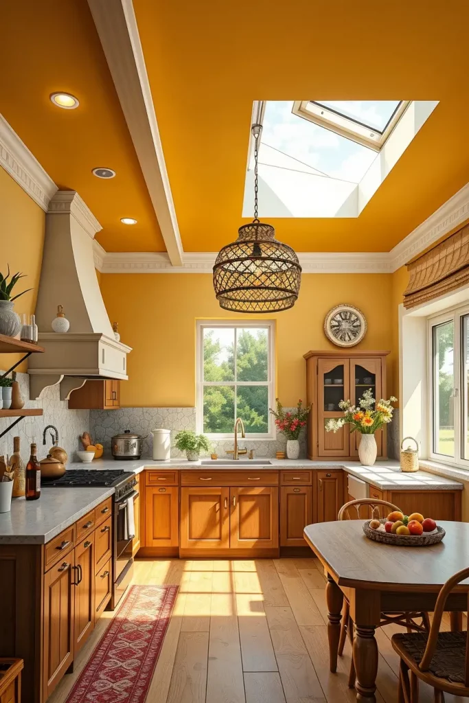 Saffron painted kitchen ceiling