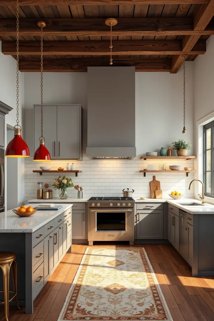 Kitchen with red pendant lights