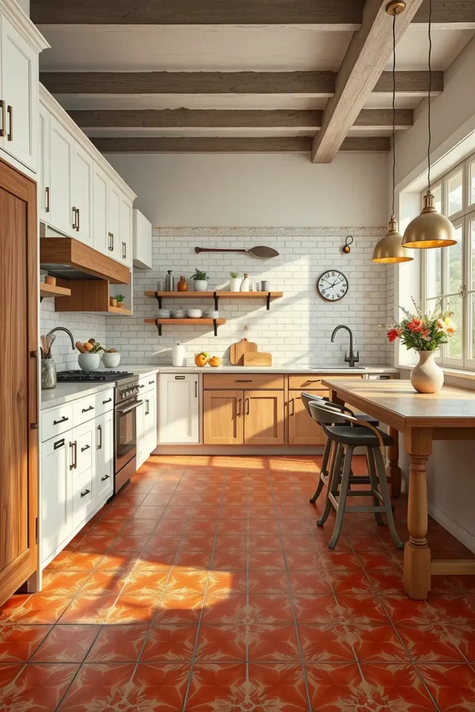 Kitchen with blood orange checkerboard floor