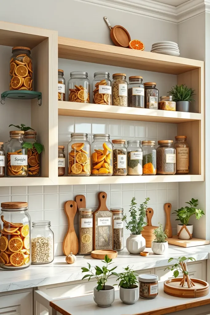 Citrus and spice jars on open shelves