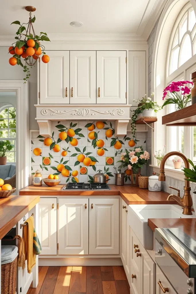 Hand-painted citrus tile backsplash