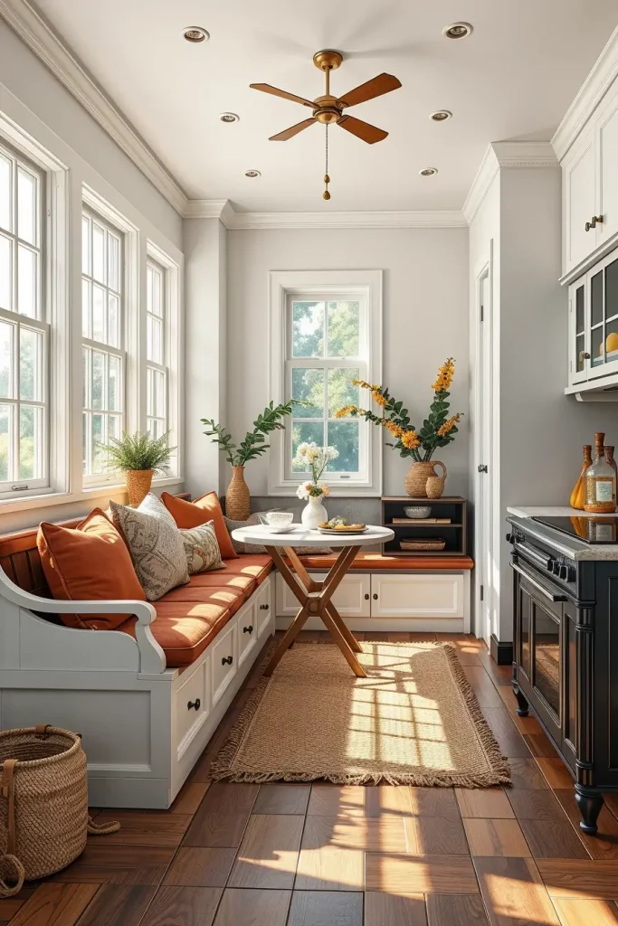 Clay-toned cushions in kitchen nook