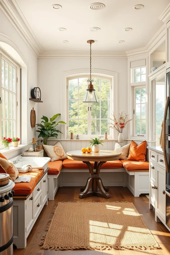 Rustic kitchen nook with cushions