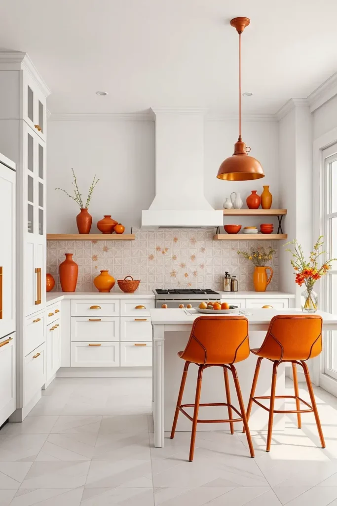 Kitchen with white walls and spicy accents