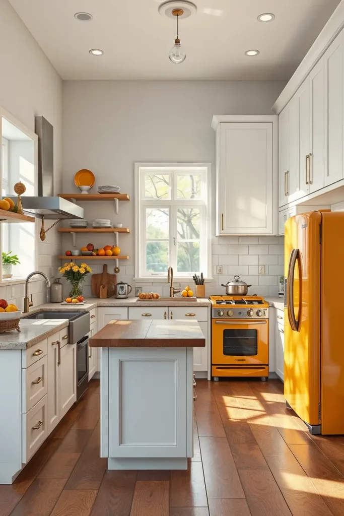 Kitchen with yellow appliances and wooden island