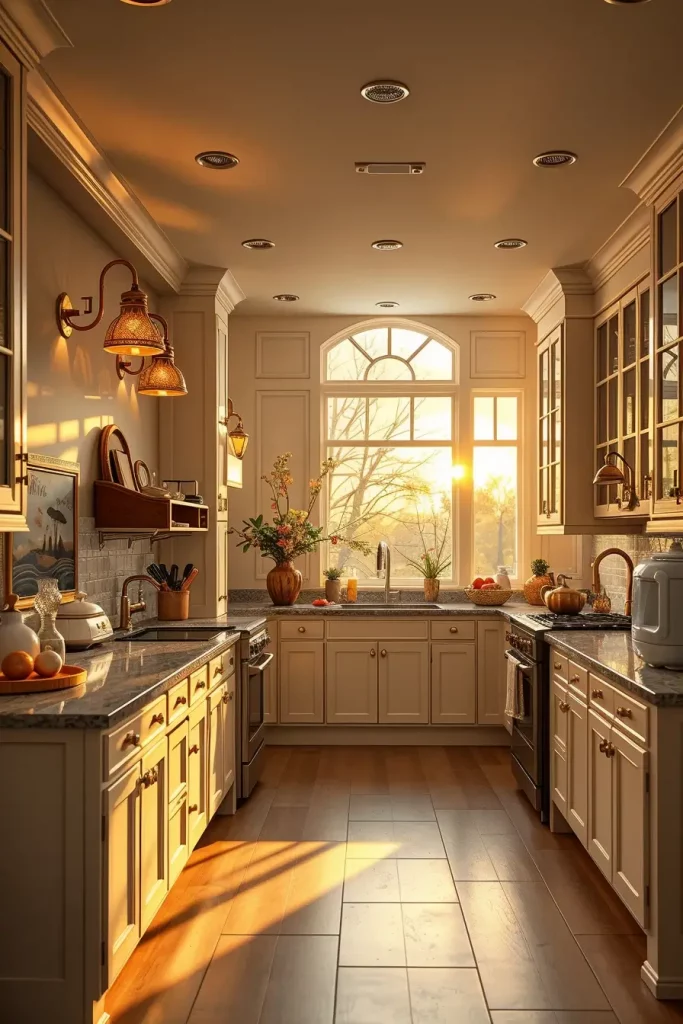 Kitchen with brass wall sconces