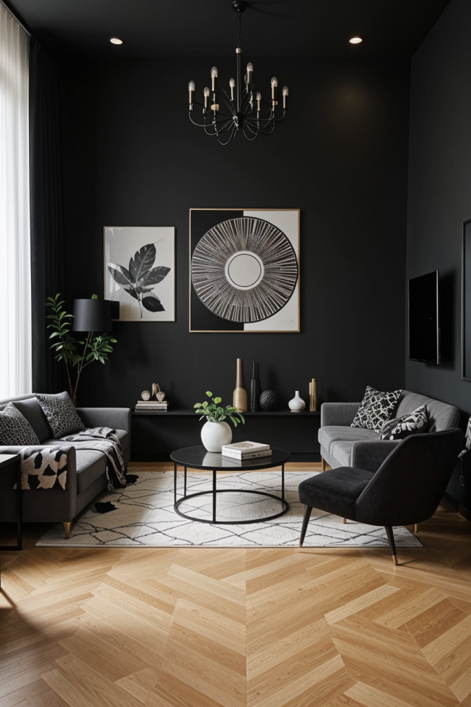 Patterned accents in black living room