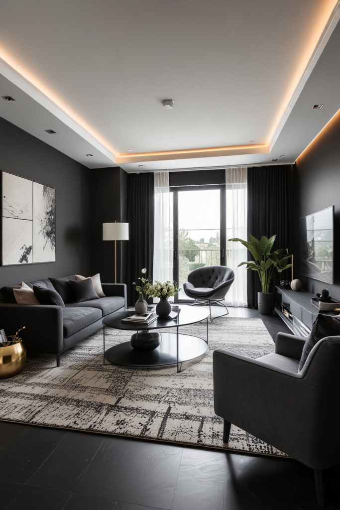 Plush area rug in black room
