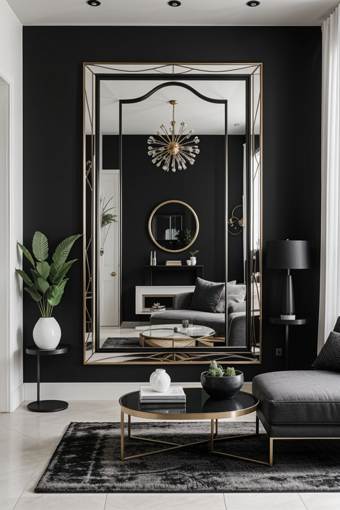 Statement mirror in black living room