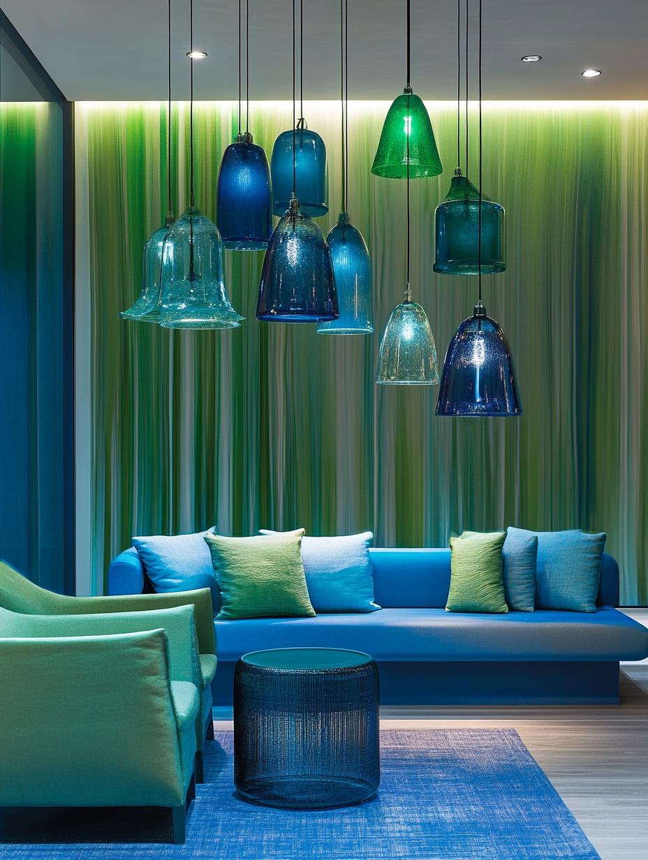 Living room with blue and green lighting accents
