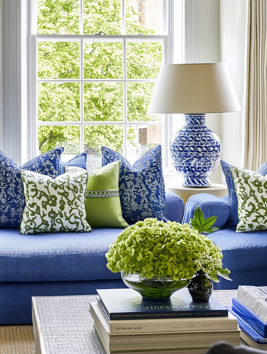 Blue and green decorative accessories in living room