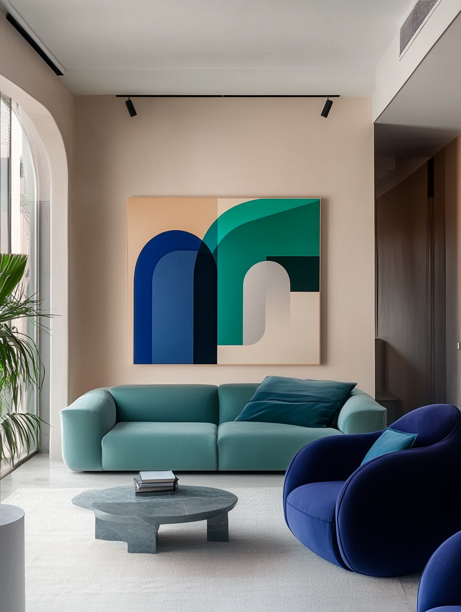 Modern living room with teal accent wall
