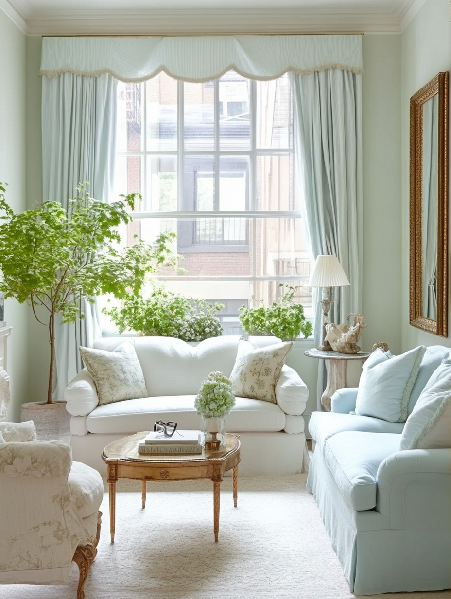 Small living room with light blue and green decor