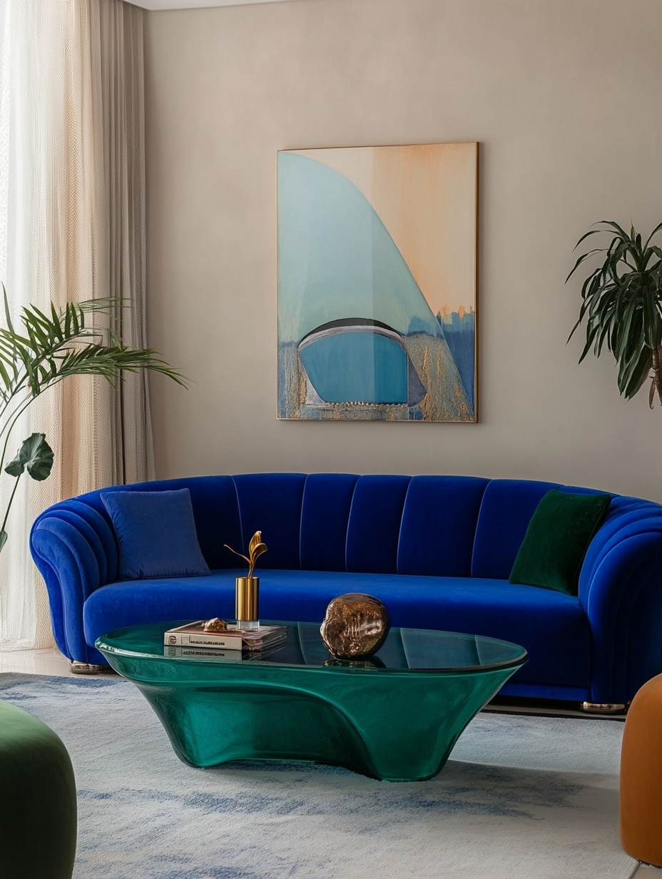 Living room with statement blue and green furniture