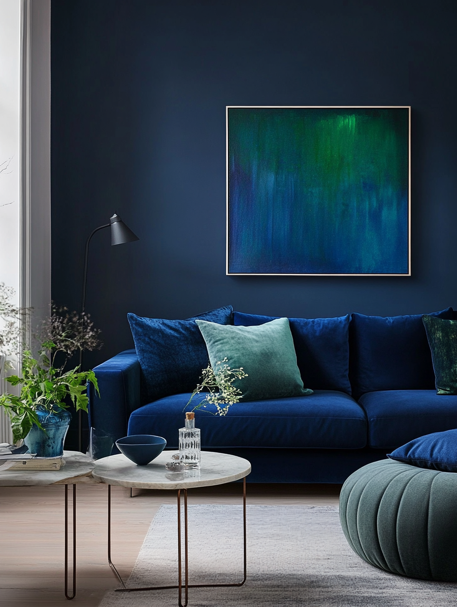 Blue and green accent wall in living room