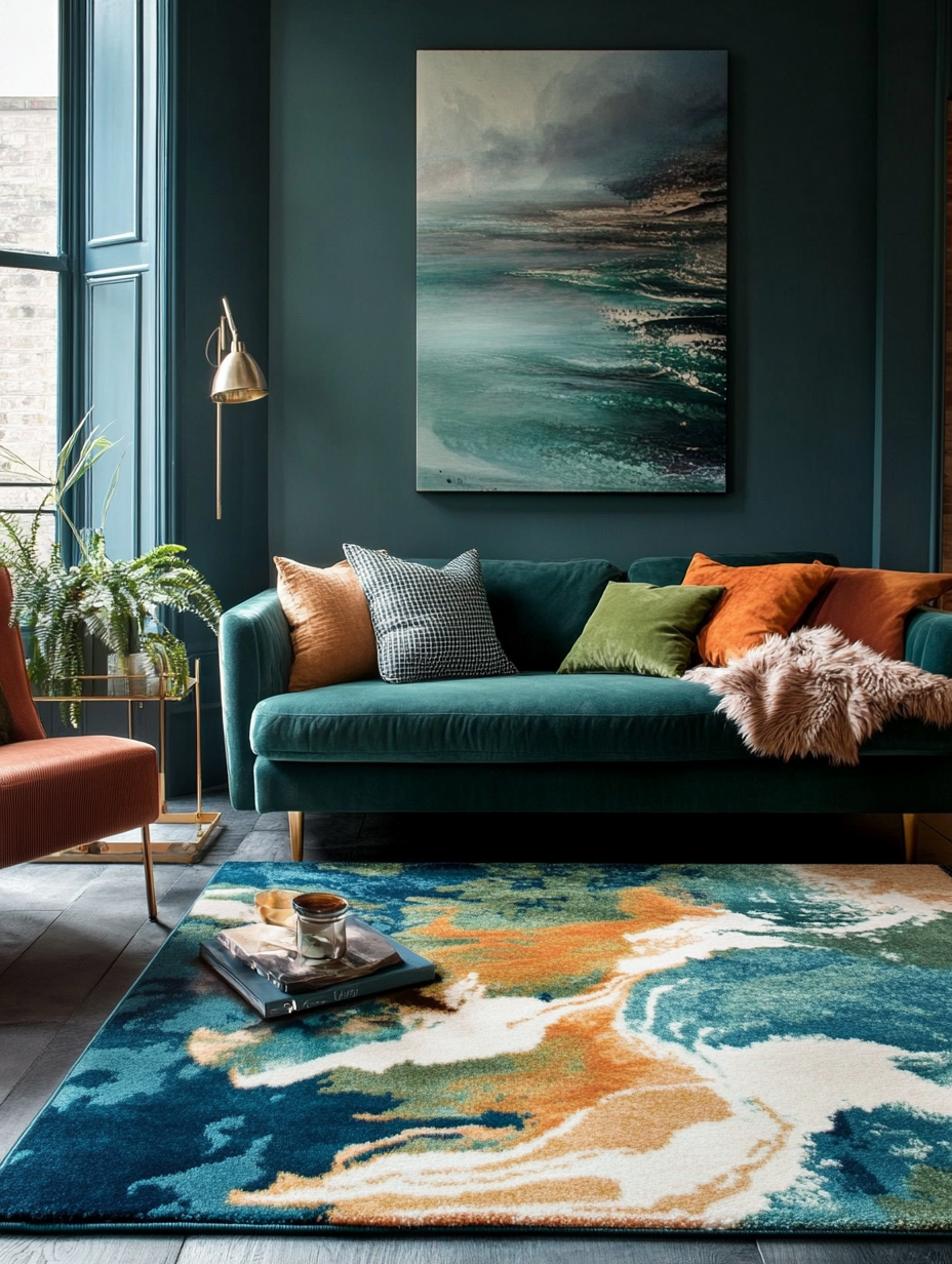 Blue and green rug in living room