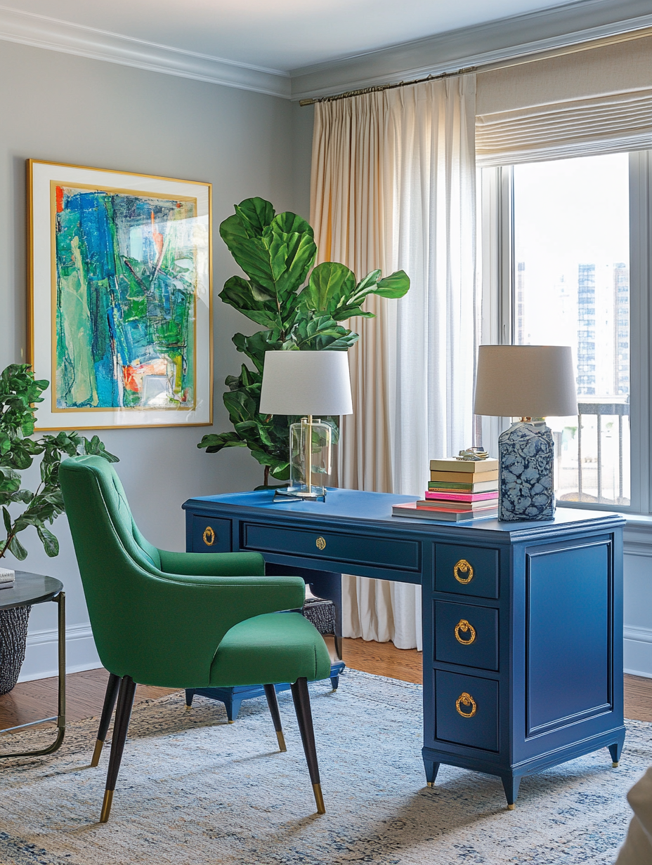 Home office corner with blue and green decor
