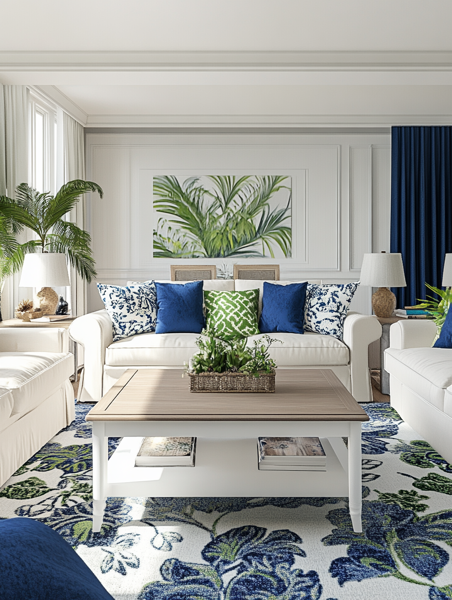 Seasonal blue and green living room decor