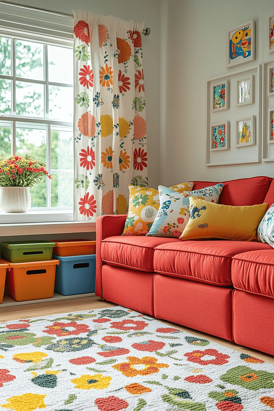 red sofa living room