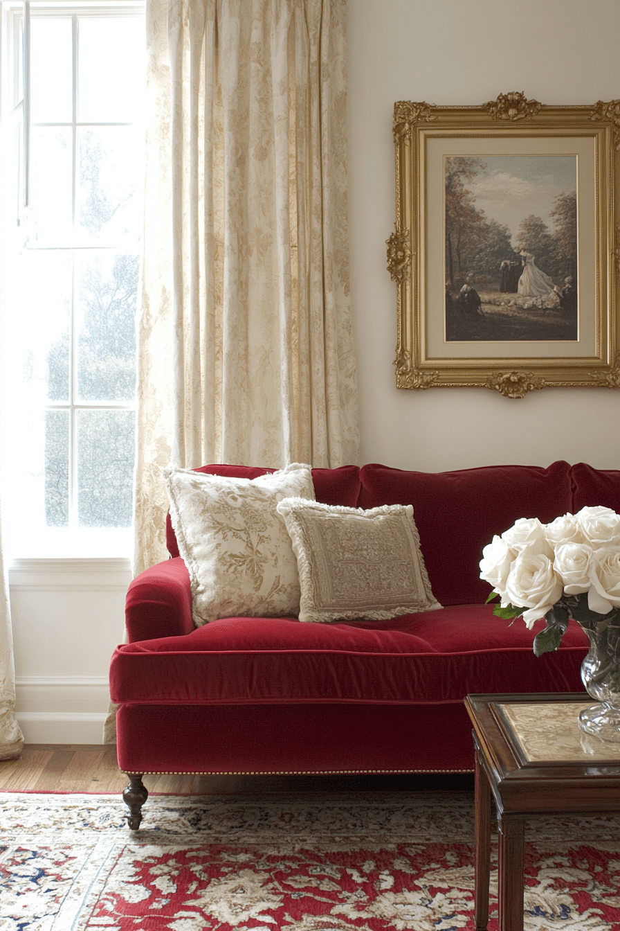 red sofa living room