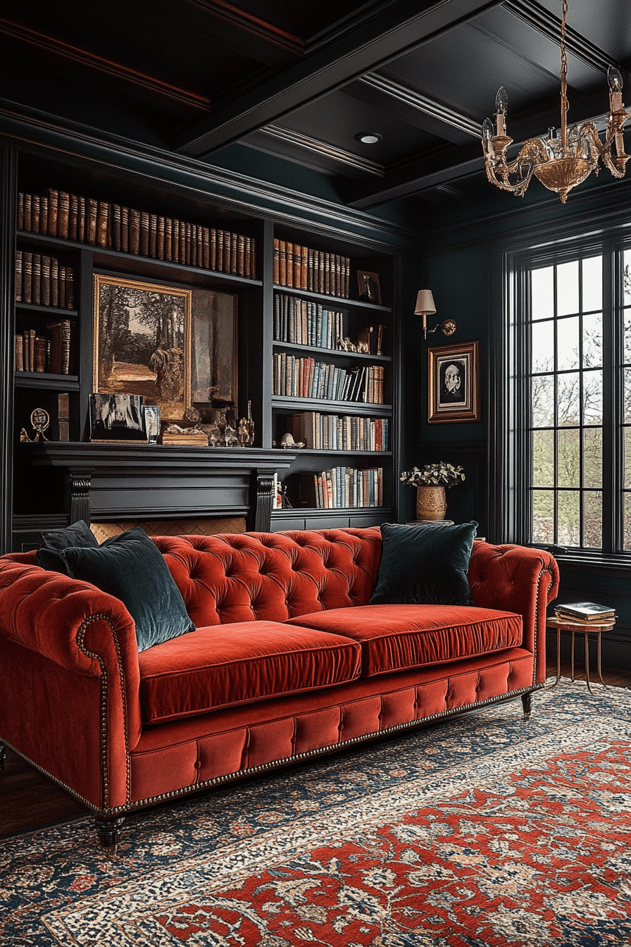 red sofa living room