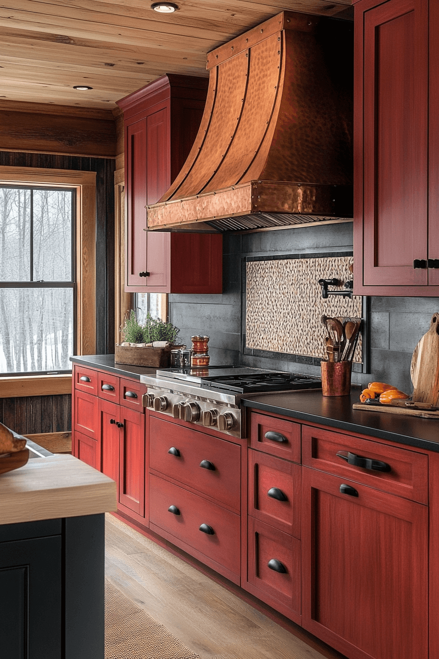 fiery red oak kitchen cabinets
