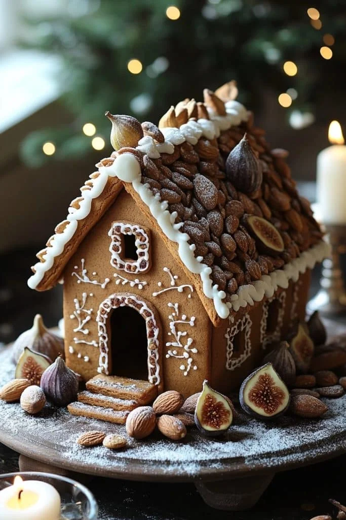 Gingerbread House with Fruit and Nut Decorations