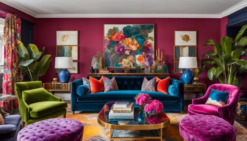 Maximalist furniture in a vibrant living room