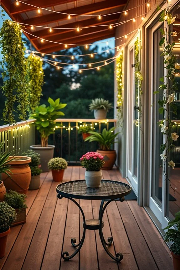 balcony with warm string lights