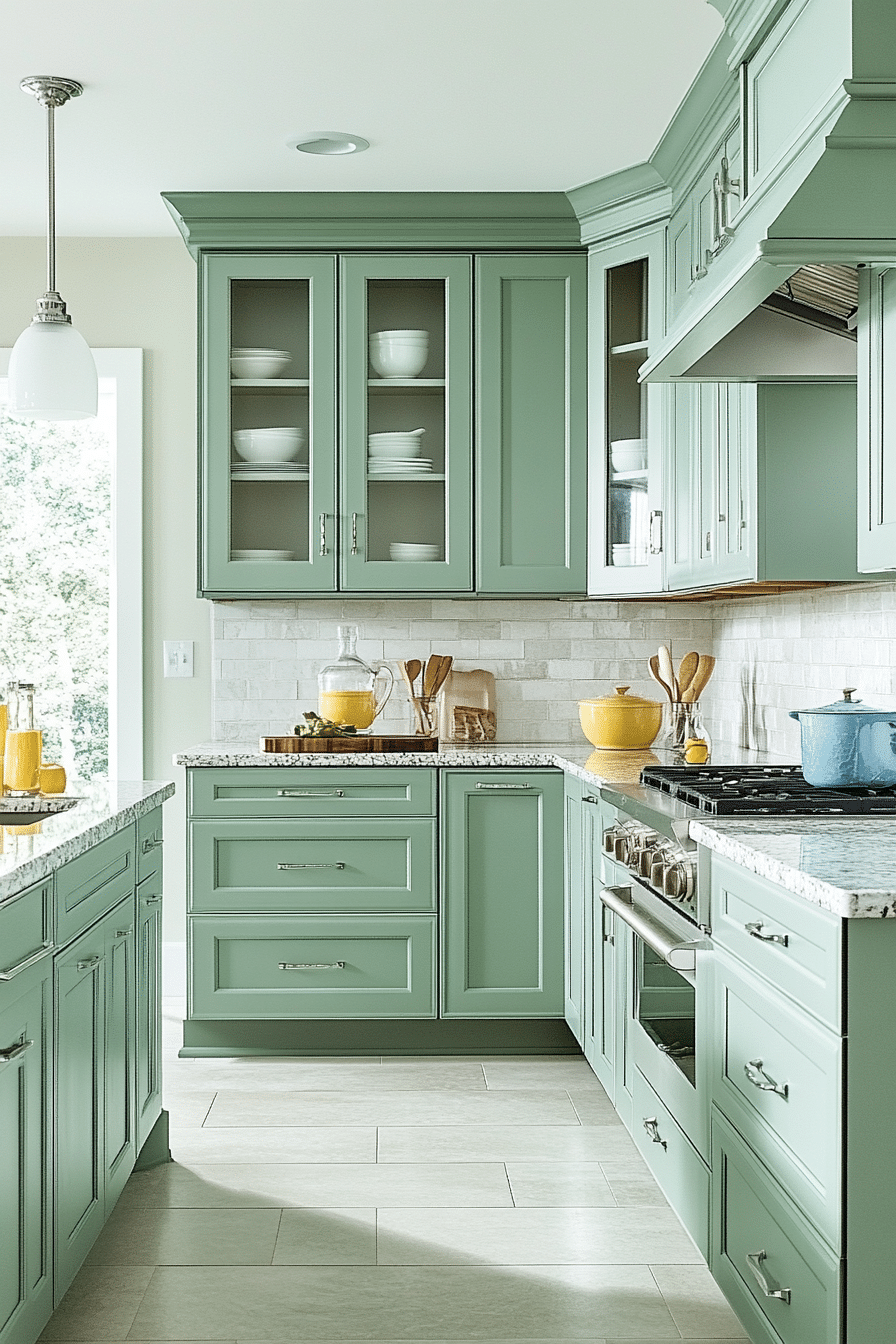 modern sage green kitchen with black accents