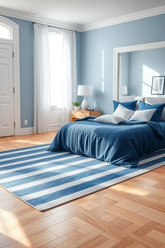 blue and white striped rug