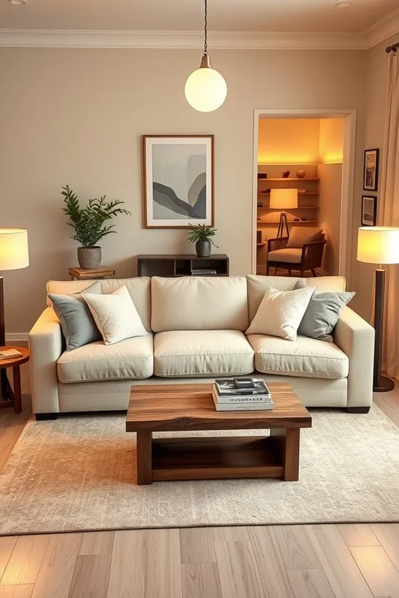 layered lighting in cozy living room