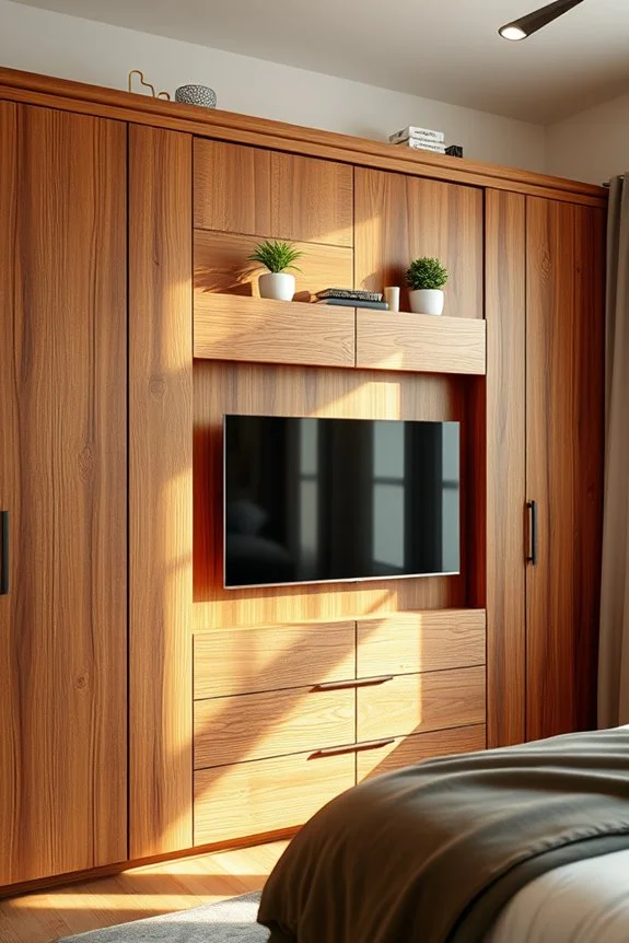 cozy rustic wood closet with integrated tv