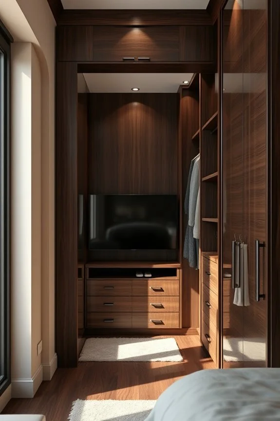 luxurious dark wood closet with tv