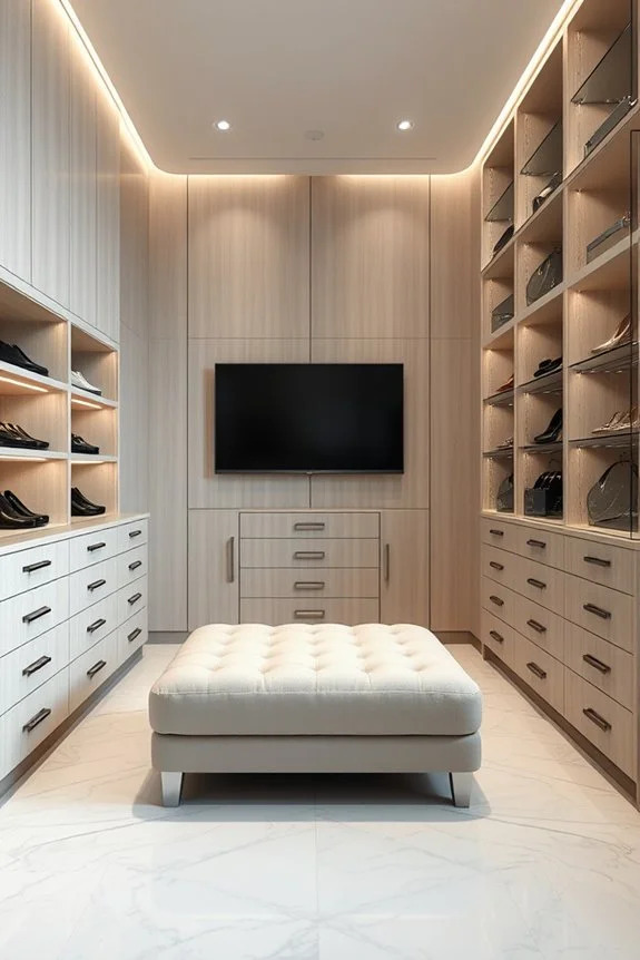 luxury walk-in closet with tv