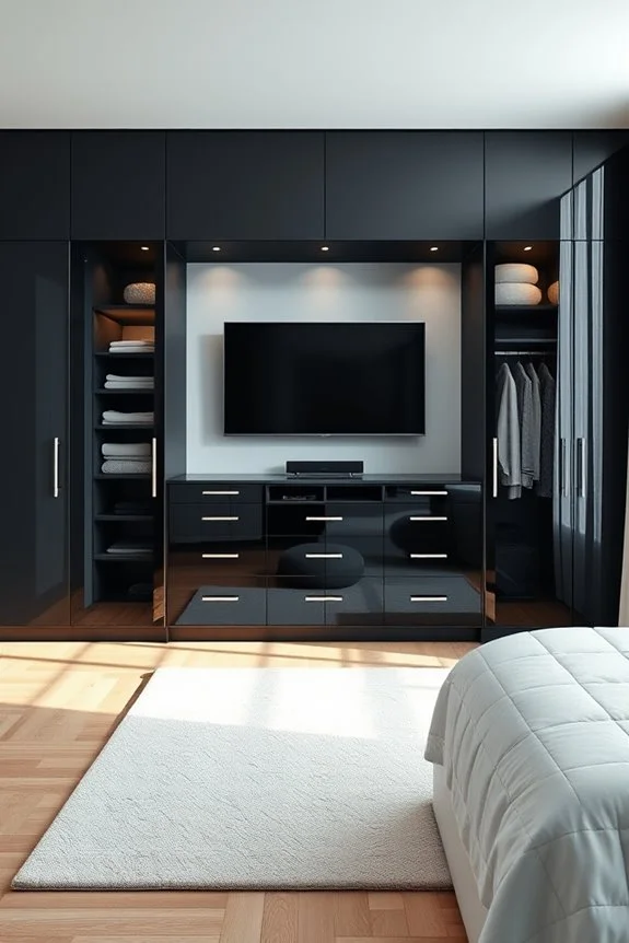 sleek black closet with tv