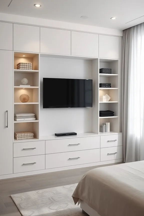 elegant white built-in closet with tv