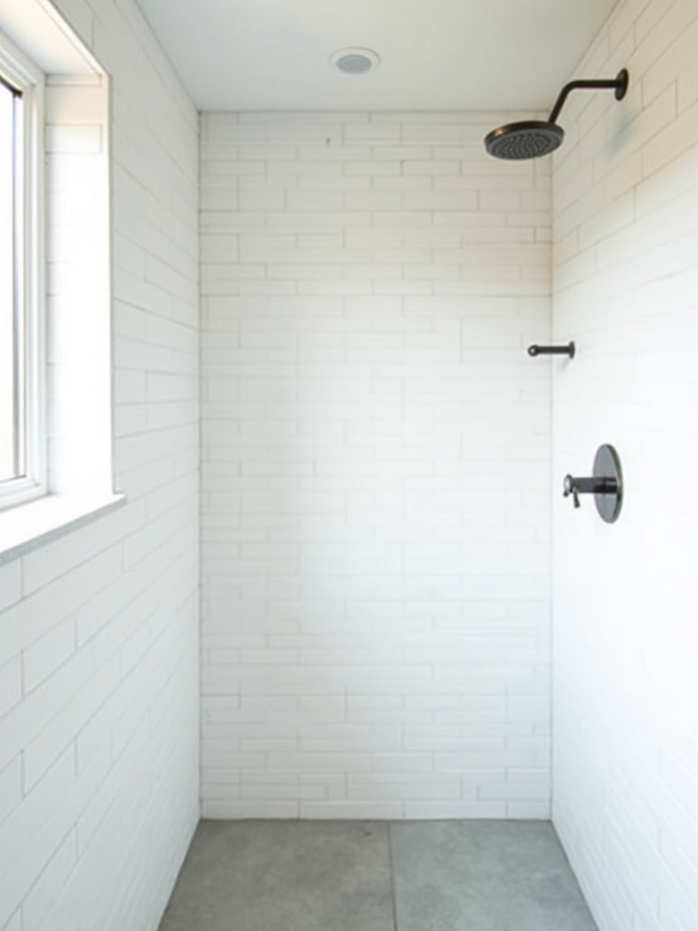 Bright and airy modern bathroom shower featuring classic white subway tile walls in a stacked pattern