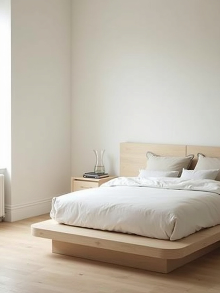 A serene, decluttered minimalist bedroom with a simple bed, white linens, and a clean nightstand, showcasing the peaceful outcome of a radical bedroom decluttering audit.