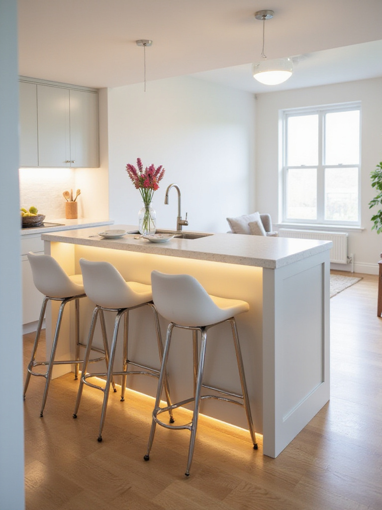 Modern kitchen island with an extended countertop creating a functional and stylish bar seating area, illuminated by under-counter lights.