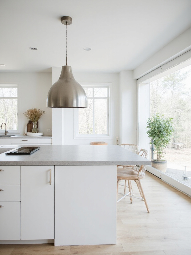 Minimalist kitchen with a brushed steel pendant light above a white kitchen island.